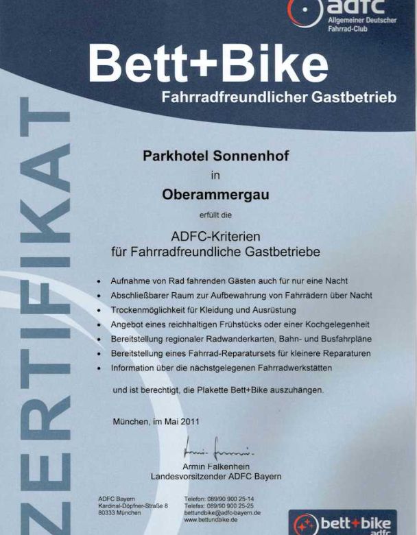 Bett & Bike Urkunde
